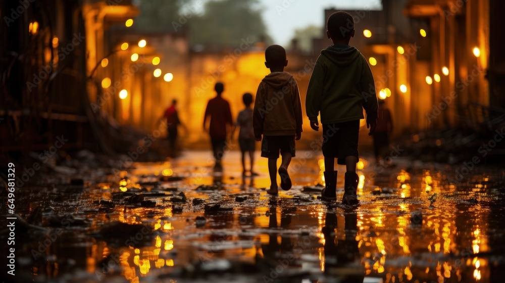 Two African boys walk along a muddy village street at night, with reflections on the wet surface
