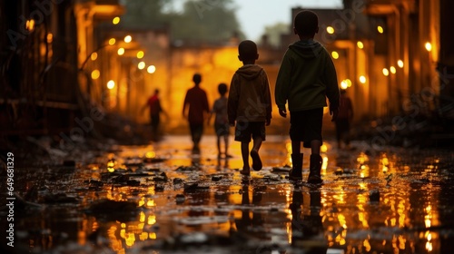 Two African boys walk along a muddy village street at night, with reflections on the wet surface