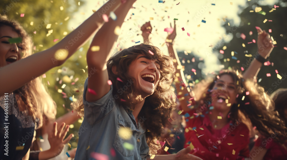 Naklejka premium Group of Happy peoples dancing and enjoying in the streets background of confetti - Happy friends celebrating throwing confetti in the air - Fictional Face - Ai