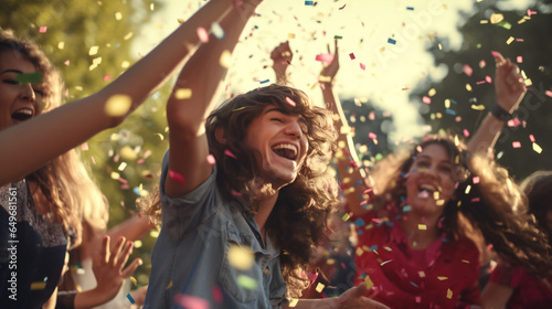 Group of Happy peoples dancing and enjoying in the streets background of confetti - Happy friends celebrating throwing confetti in the air - Fictional Face - Ai