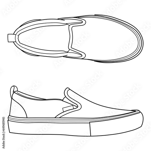 hand drawn sneakers, moccasin, slipon, gym shoes, side and sole view. Image in different views - front, back, top, side, sole and 3d view. Doodle vector illustration