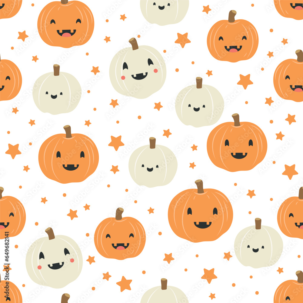 Seamless pattern of cartoon pumpkins and stars on white background