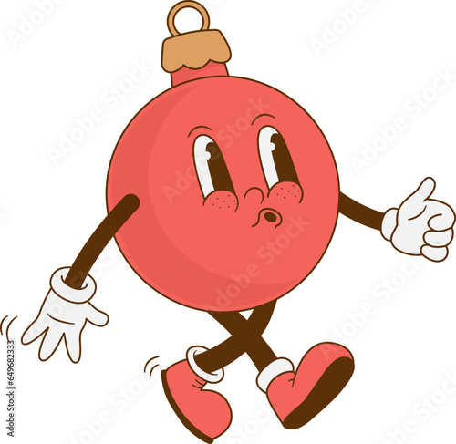 Retro cartoon funny Christmas tree ball character. Vintage New Year decorations mascot vector illustration