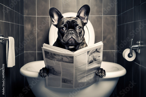 French bulldog sitting on a toilet seat reading the newspaper