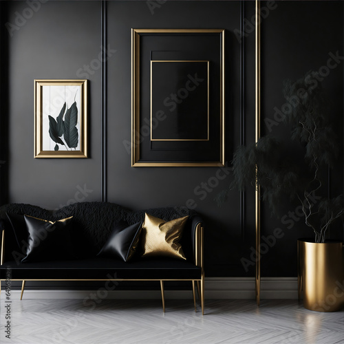 mock up blank poster golden frame in black modern interior with stylish decoration, living room, frame in luxury and contemporary interior, 3d rendering2 photo
