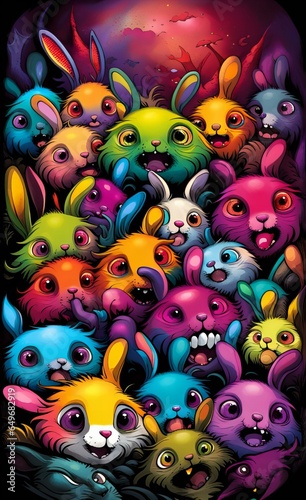 a group of colorful cartoon animals with eyes and ears.