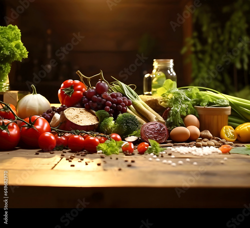  Nicely presented organic food. Fresh raw vegetables and fruits, On a wooden board.  (ID: 649682970)