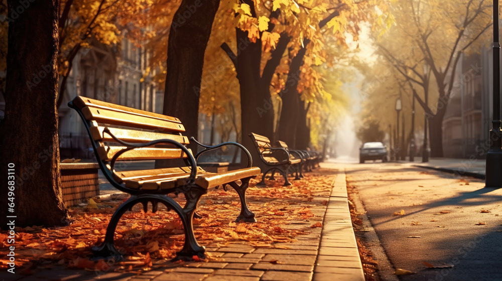Wooden bench in the autumn park, an empty street. Yellow trees of a city alley. Generative AI