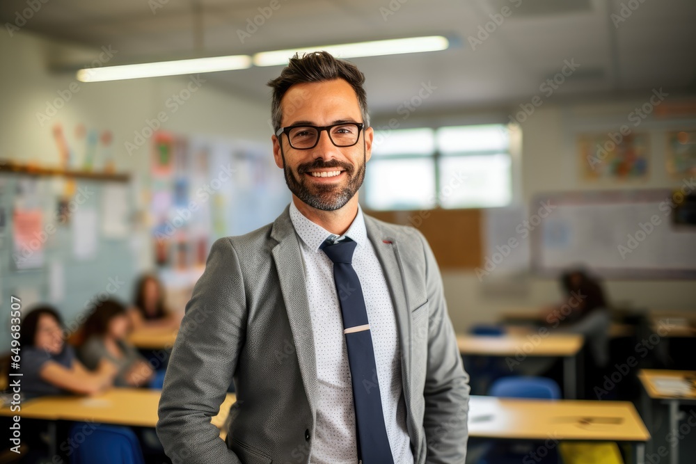 handsome teacher standing in school classroom with blurred background, lecturer handsome teacher standing in school classroom with blurred background, lecturer