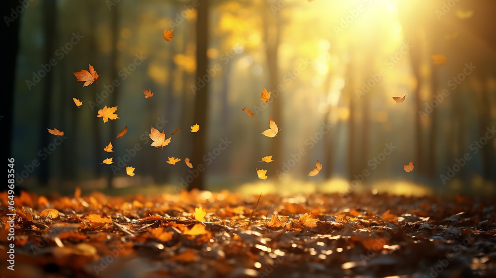leaf fall in the autumn park in the sunlight, dry yellow leaves fly in the landscape of warm October