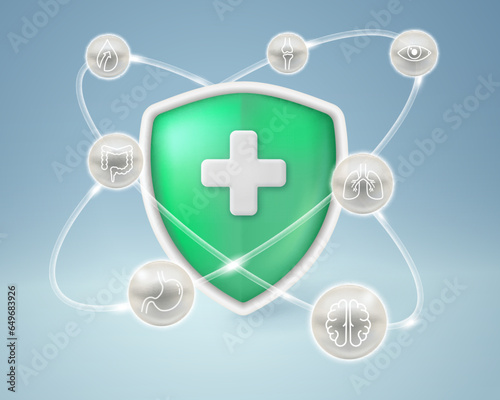 Health care icons Medical shield and insurance to protect against diseases such as brain, intestinal, stomach, bone, and lung diseases. Vector illustration file.