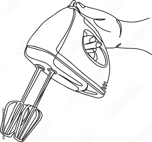 Continuous Line Illustration of Man Using Hand Grinder, Kitchen Appliance Clip Art: Electrical Hand Mixer, Home Baker's Tool: Continuous Line Stand Mixer