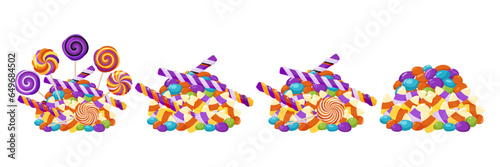 Four piles of colorful different types of candies on a white background. Popular Halloween treat. Sweet holiday food. Vector illustration.