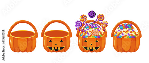 Set of Halloween baskets, full of candy and empty. Bag in the shape of a pumpkin for children. Halloween sweets and treats basket. Cartoon vector illustration.