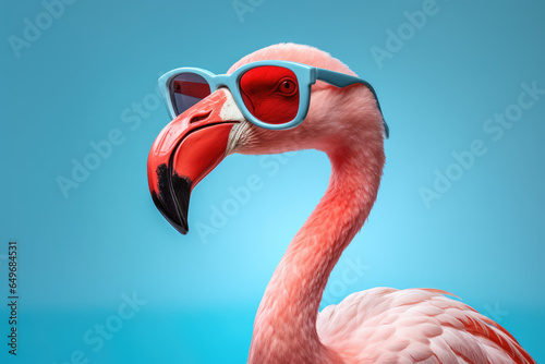 Portrait of a flamingo wearing blue sunglasses on a light blue isolated background 