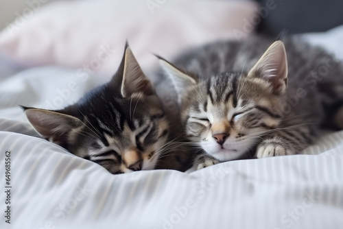 Two small striped domestic kittens sleeping.