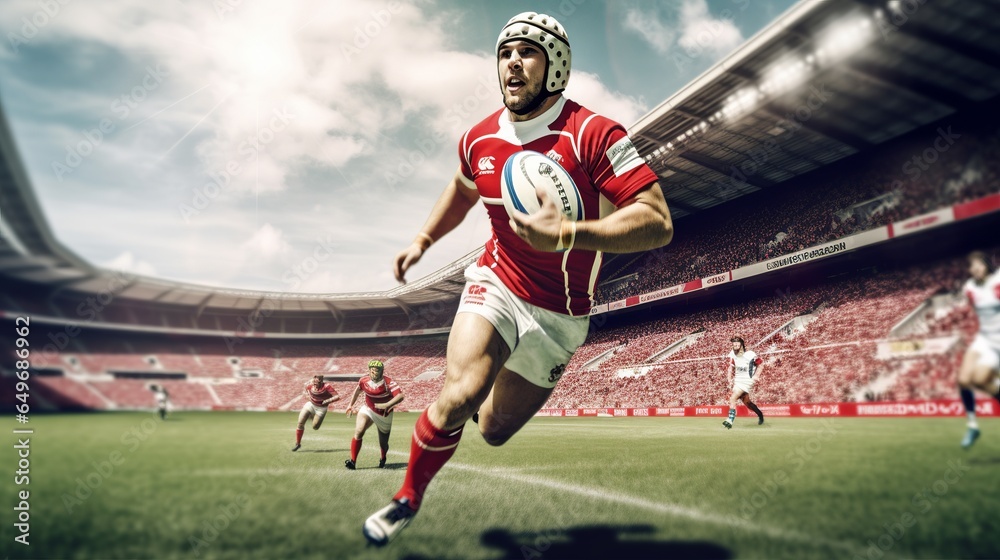 Rugby sportsman player with ball in action in stadium, Generative ai