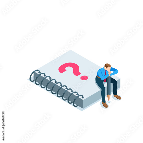 isometric business man with a pencil in a thoughtful pose sitting on a notepad with a question mark, in color on white, problem or search for a solution