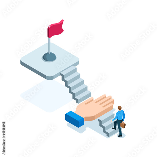isometric business man climbing the steps to the flag and a helping hand, in color on white, help in achieving the goal