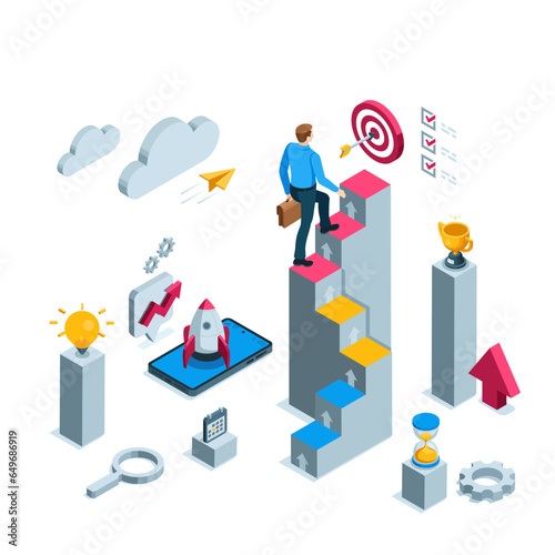 isometric man walks to the steps on top of which a target icons with an arrow, in color on a white background, light bulb shines and a trophy, the path to business success