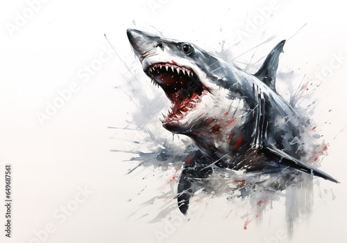 Watercolor painting of angry shark on white background. Undersea animals. Illustration, Generative AI.