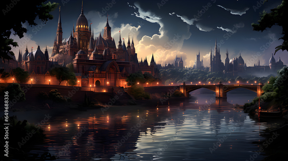 Night city with a bridge