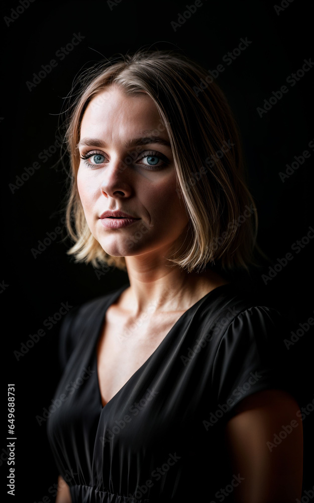 photo of woman wearing a black dress on black background, generative AI photo of woman wearing a black dress on black background, generative AI