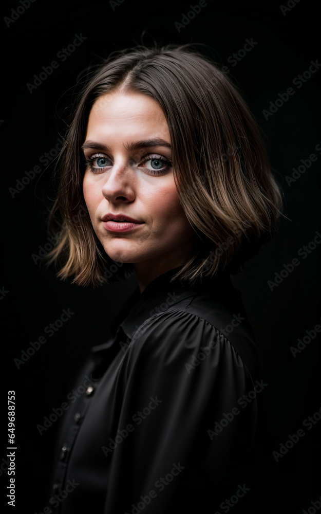 photo of woman wearing a black dress on black background, generative AI photo of woman wearing a black dress on black background, generative AI