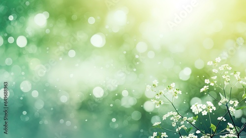 Blurred out spring summer season abstract nature background with lots of bokeh and a bright center spotlight and a subtle vignette border.