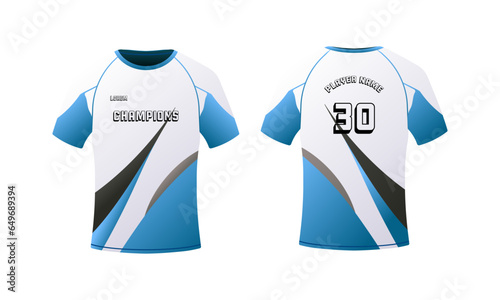 T-shirt mockup. Flat, white blue, player name on the back, champions text, t-shirt mockup, t-shirt layout. Vector illustration