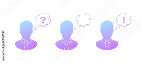 Man and message bubble. Silhouette, purple, bubble of bewilderment, bubble of anger. Vector icons