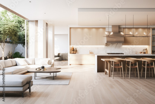 Modern living room design with clean lines  neutral color palette  with an open space living area connected to a generous kitchen illuminated by natural light. Minimalist home interior. 