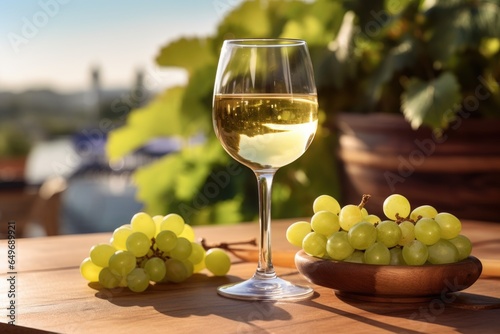 Glass of white wine with grapes on old wooden table