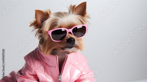 Stylish Yorkie dog wearing pink glasses and pink leather jacket on gray background.