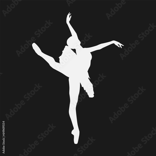 High details of ballerina silhouette. Minimal symbol and logo of sport. Fit for element design, background, banner, backdrop, cover, logotype. Isolated on black background. Vector Eps 10
