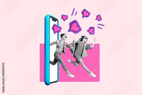 Collage creative illustration of crazy funky two friends phone display screen go fast hurry sale discount isolated on drawing background