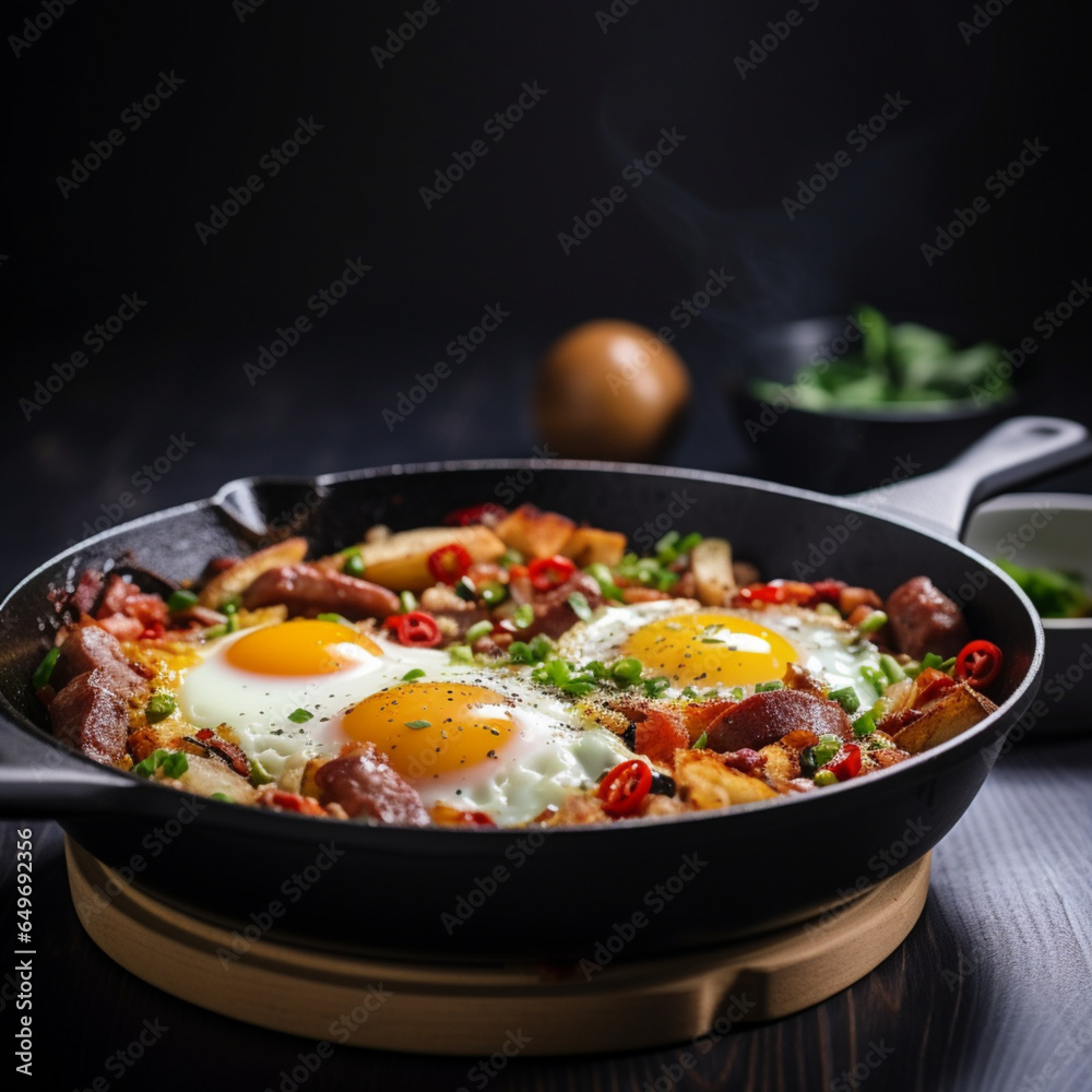 Asian fried egg pan is topped with sausage in th, generative ai.