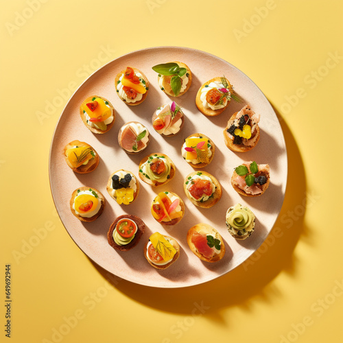 caviar canapes on plate on light yellow background., generative ai.
