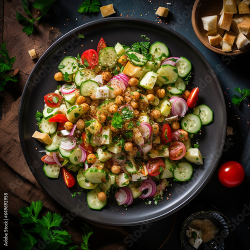 Fattouche chickpea salad with cumin and shallot pickles, generative ai.