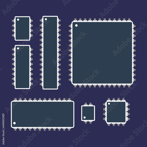 An assortment of microchip icons, highlighting integrated circuits, set against a dark backdrop in vector format.