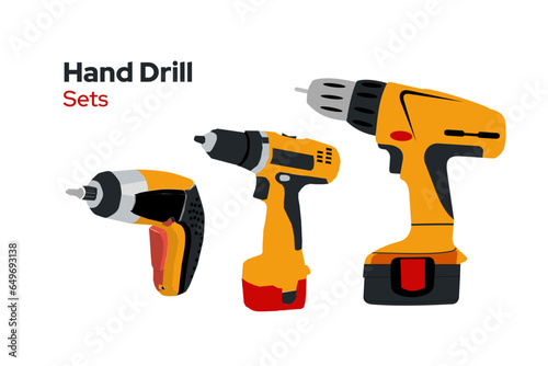 Set of electric drill icons. Hand drill or portable drill machine image. Vector illustration isolated on white background.