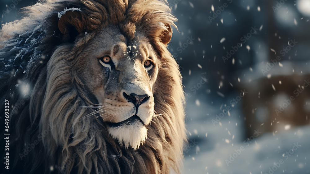 Shot of a lion sitting majestically in the snow, focused camera shot. Generative Ai