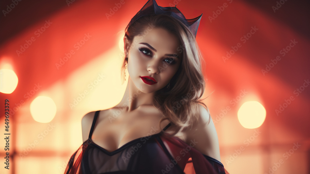 Naklejka premium cute woman in carnival costume. halloween vampire. 