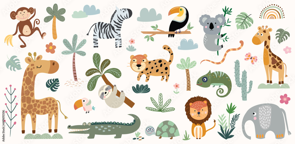 Safari animals and vegetation collection with cute elements isolated on white, baby kids nursery, vector design - obrazy, fototapety, plakaty 
