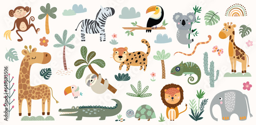 Safari animals and vegetation collection with cute elements isolated on white, baby kids nursery, vector design
