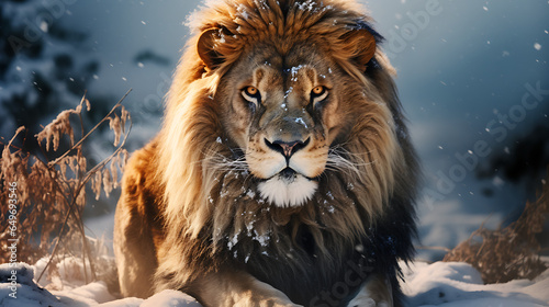 Focused shot of lion looking at the camera in winter season sitting waiting for his prey  ultra realistic. Generative Ai