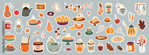Autumn stickers  big collection with cute seasonal goodies, desserts, hot drinks, autumnal cozy elements, vector  design