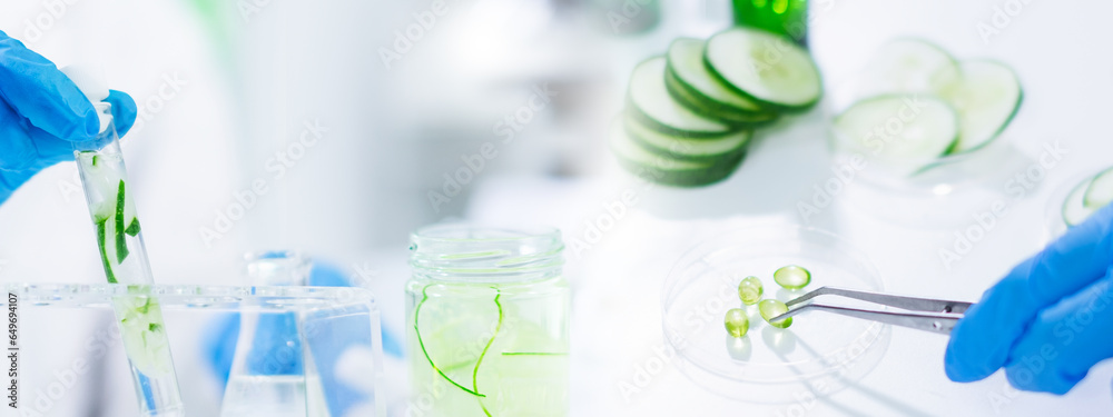 Laboratory background of cucumber research. Concept of cosmetic banner, spa treatment, whitening vitamin, beauty treatment experiment, fruit and herbal skin care product banner. Natural cream and gel. Laboratory background of cucumber research. Concept of cosmetic banner, spa treatment, whitening vitamin, beauty treatment experiment, fruit and herbal skin care product banner. Natural cream and gel.