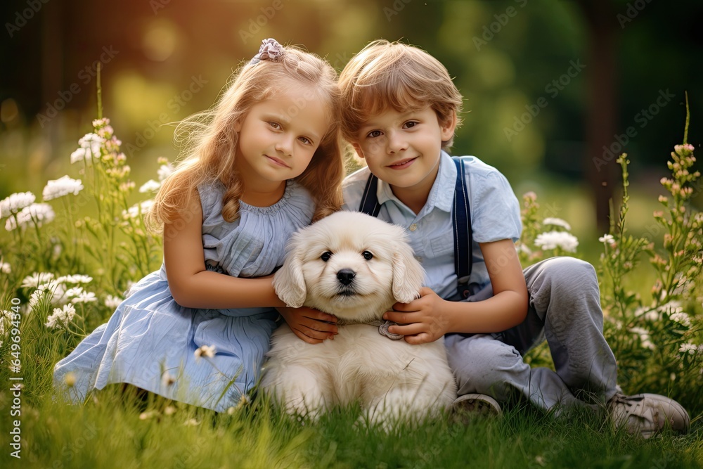 Fototapeta premium A heartwarming family scene: A group of children, along with their cute Pomeranian pet, enjoying a beautiful sunset in the park, radiating happiness and love.