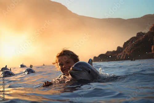 A thrilling moment: A young boy swim alongside a dolphin in the sparkling ocean waters. © Andrii Zastrozhnov